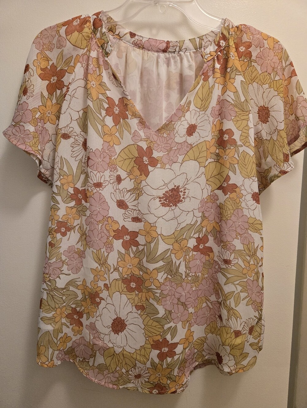Boho Floral Chiffon V-Neck Flutter Sleeve Blouse Retro 70s Top Size S